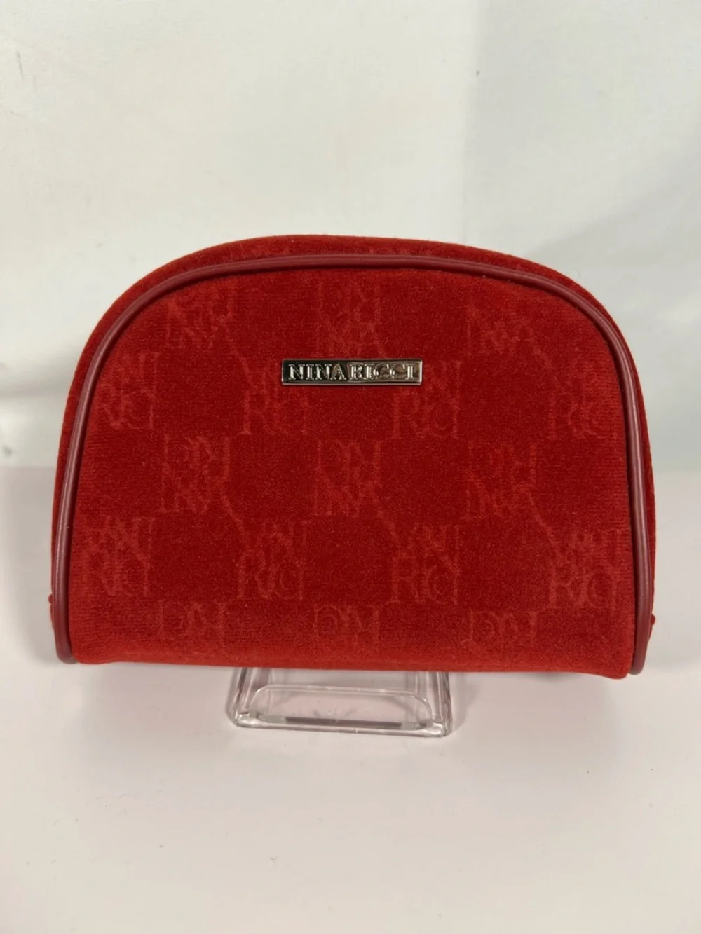 7520: Vintage Nina Ricci Red Velvet Monogram Cosmetic Pouch
